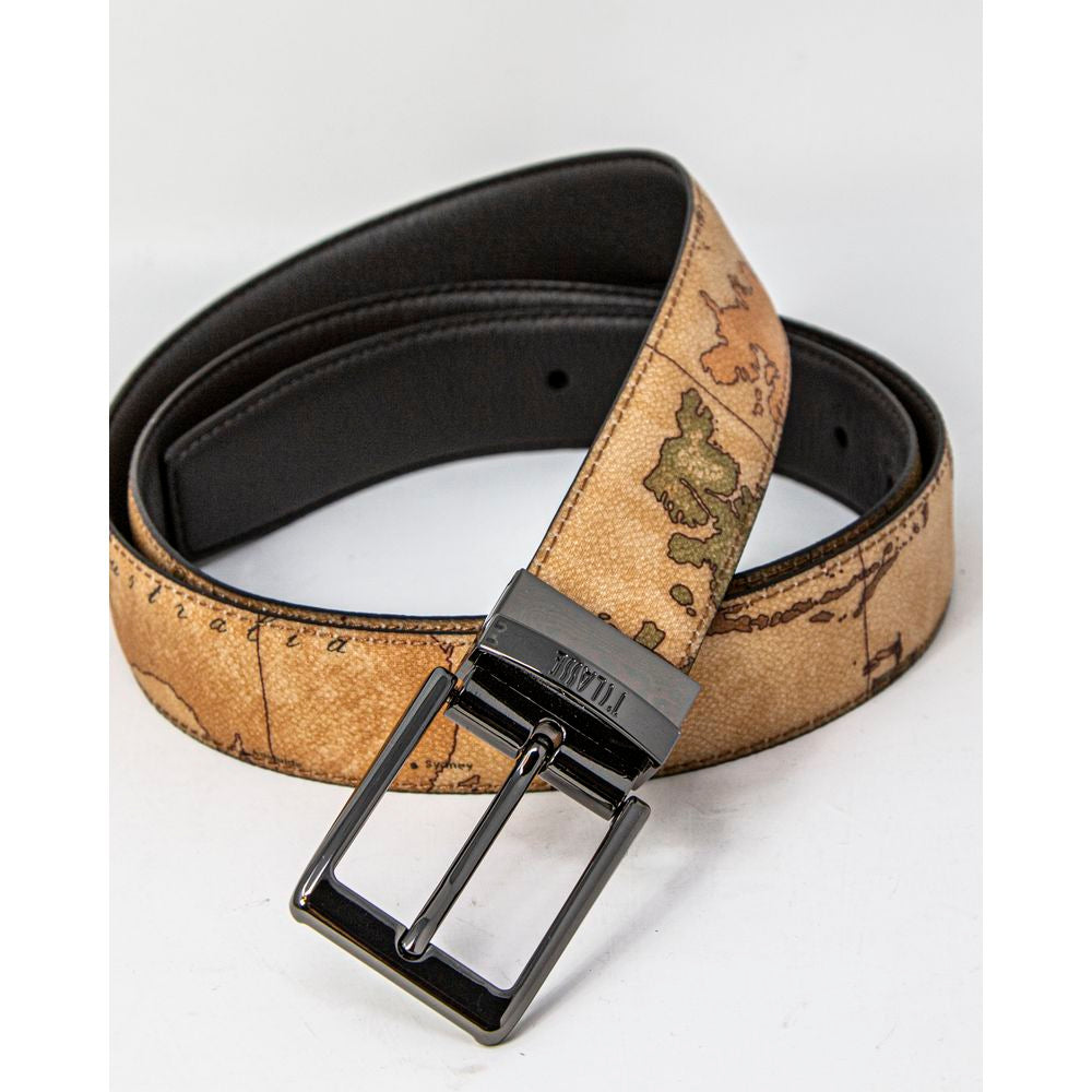 Alviero Martini Prima Classe Brown Leather Regular Belt with map design on leather background.