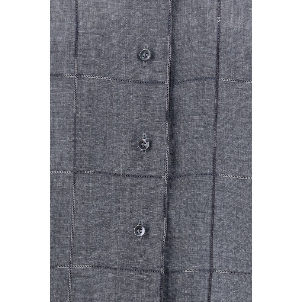 Close-up of Brunello Cucinelli Linen Shirt with monochrome pattern, featuring buttons and textured fabric details, made in Italy.