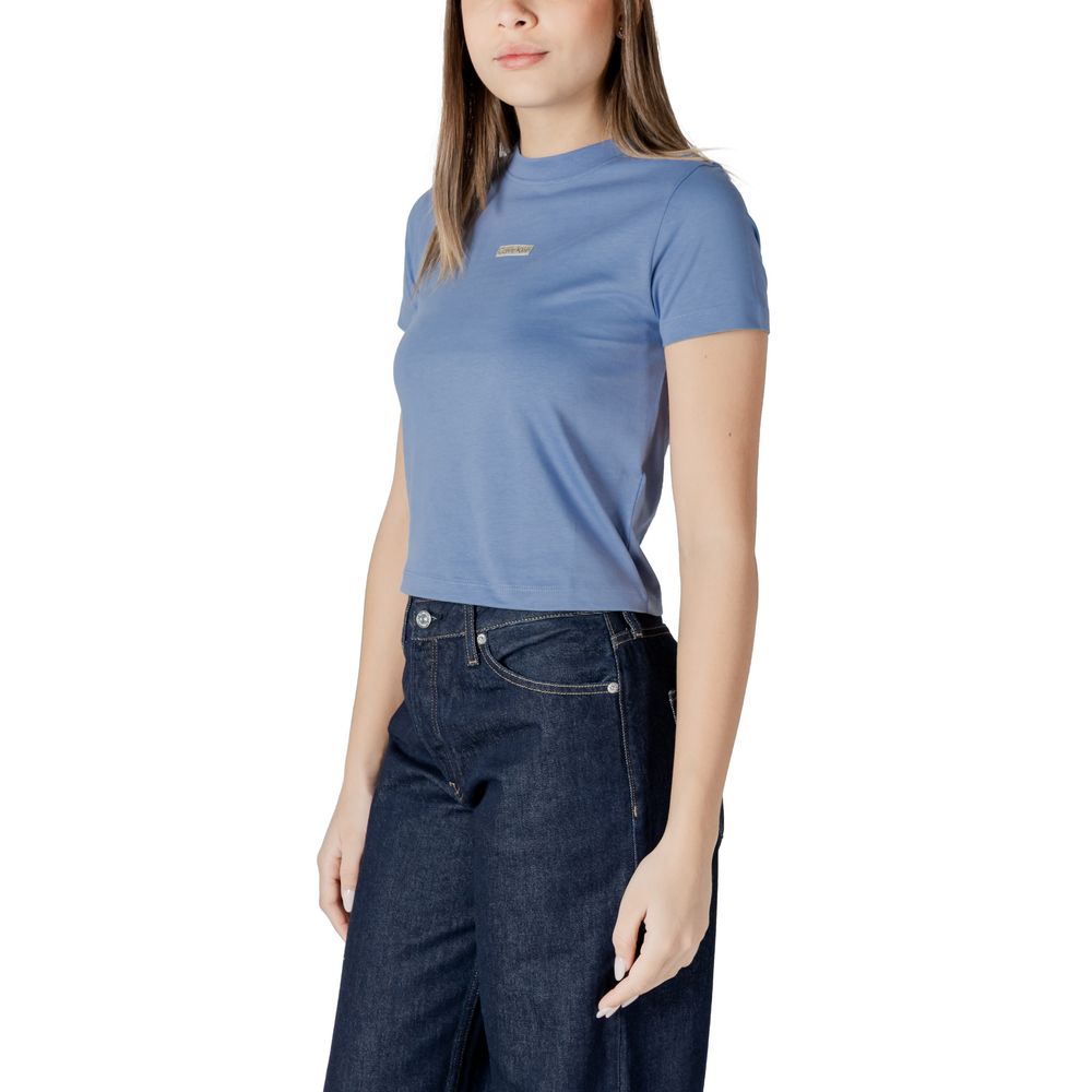 Woman wearing Calvin Klein Jeans Light Blue Recycled Cotton Sportswear t-shirt with logo