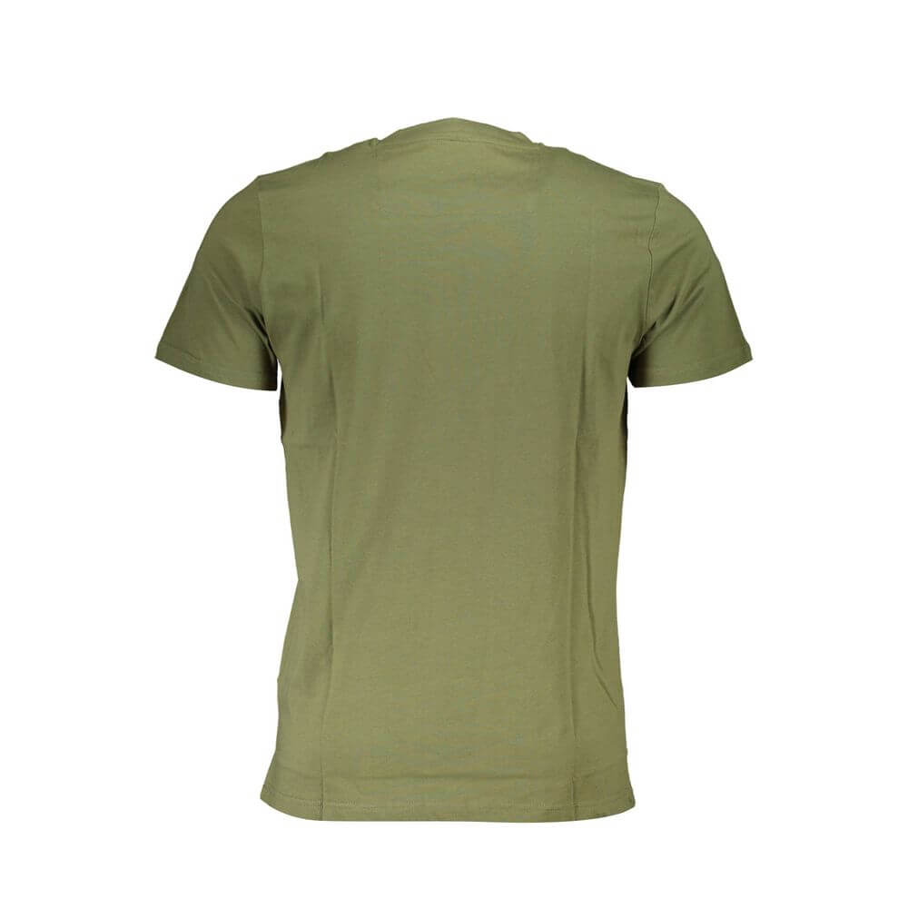 Cavalli Class Green Cotton T-Shirt with short sleeves, round neck, and logo print, shown from the back.