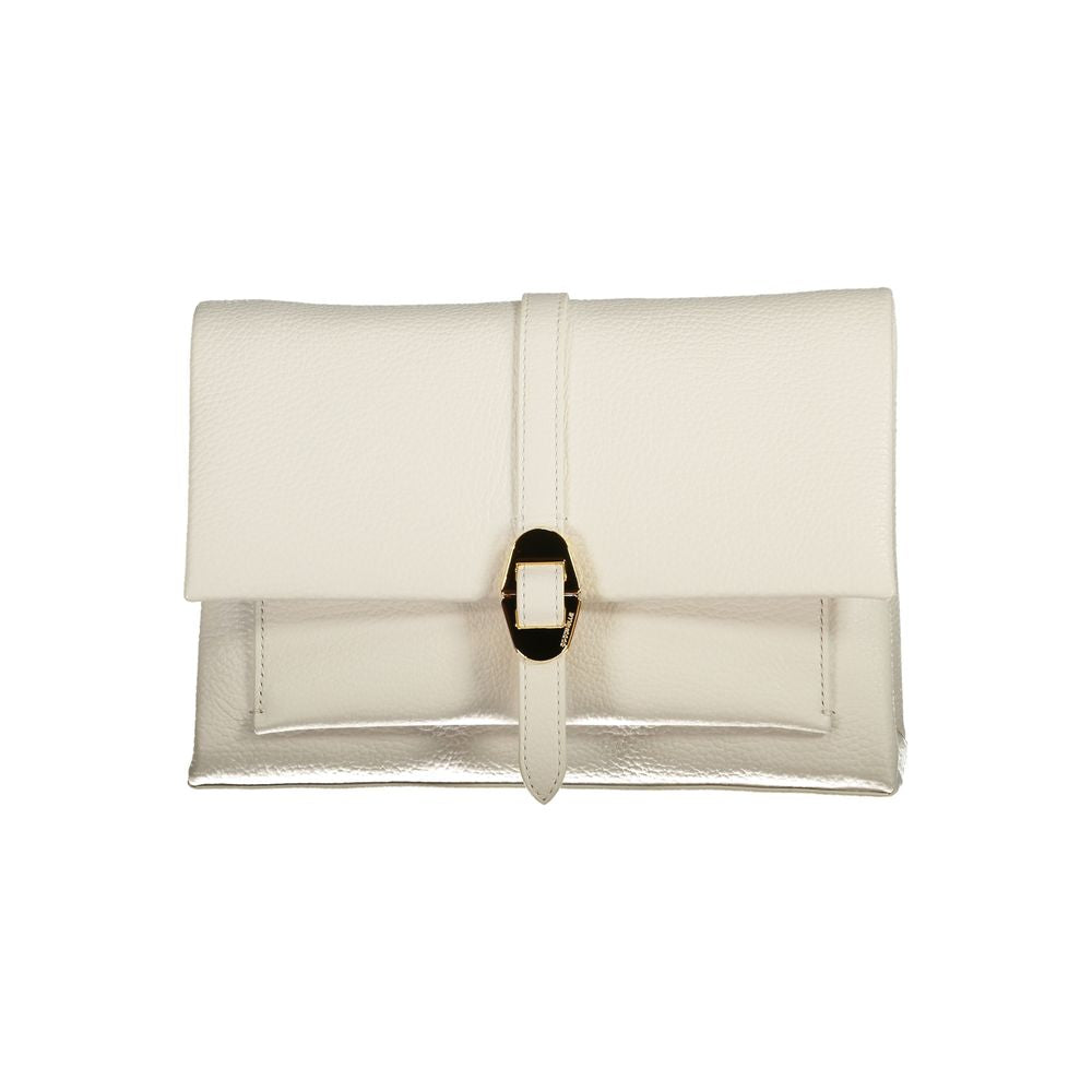 Coccinelle White Leather Handbag with adjustable strap and internal pocket, featuring zip closure and logo detail, elegant design.
