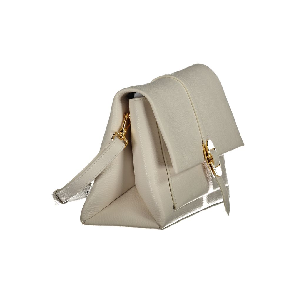Coccinelle White Leather Handbag with adjustable strap and zip closure, featuring a sleek design and logo detail, side view.