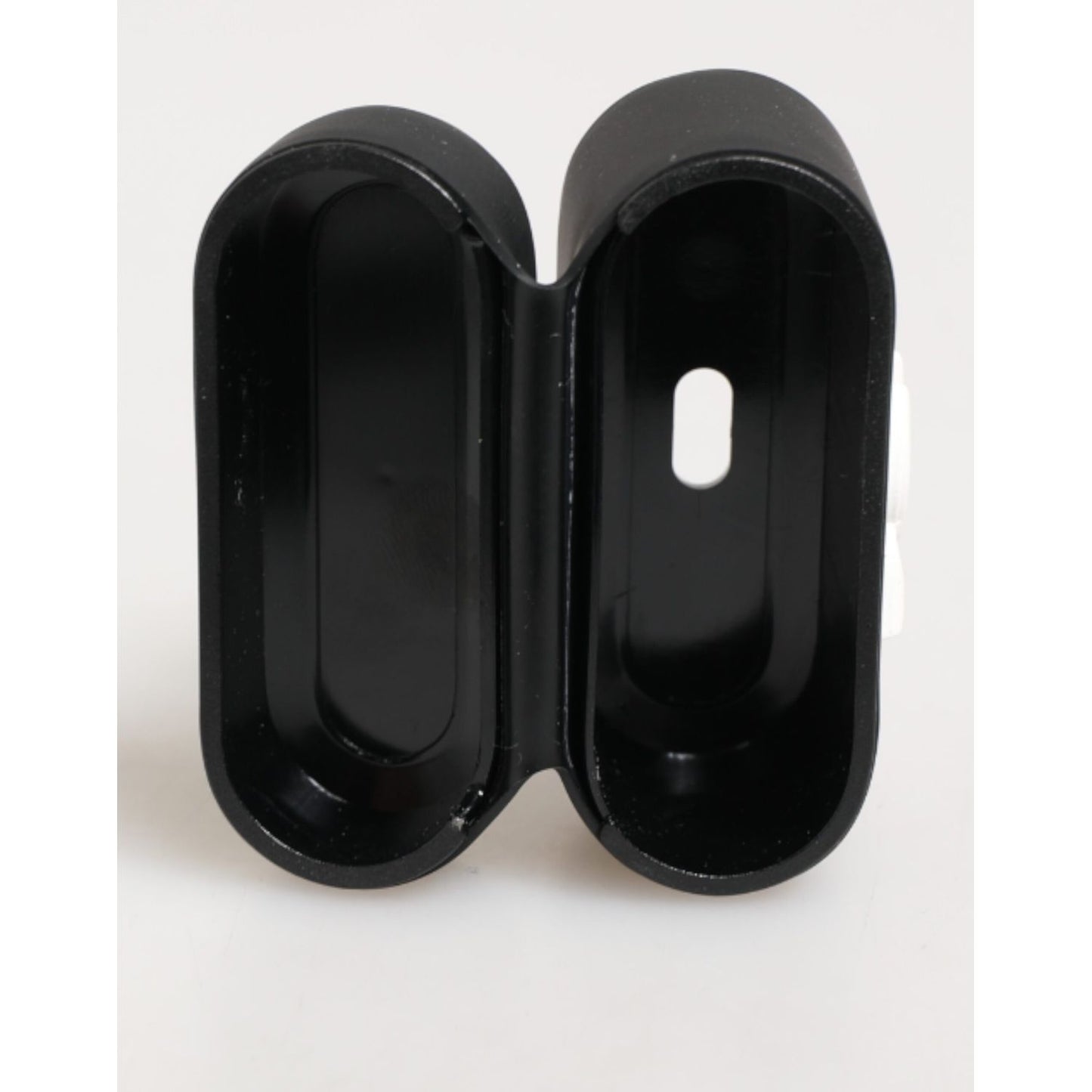 Dolce & Gabbana Black White Rubber Embossed Logo Accessory Airpods Case open view showcasing durable rubber design.
