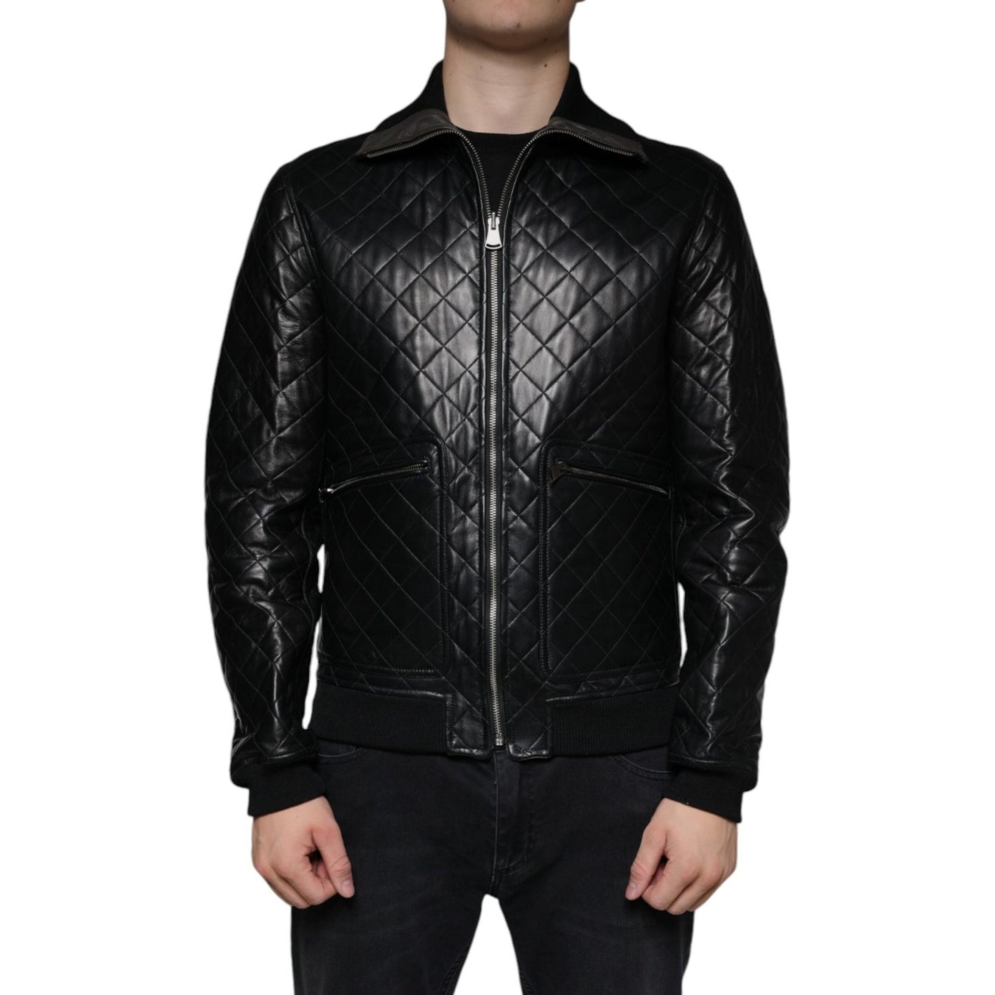Dolce & Gabbana Black Calf Leather Quilted Full Zip Jacket JKT4086-48