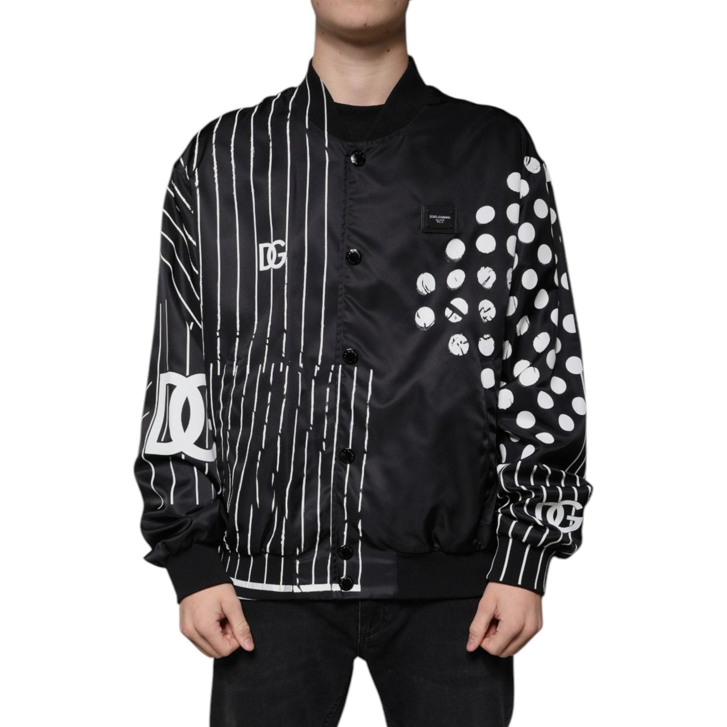 Dolce & Gabbana Black Polka Dot Stripe Nylon Bomber Jacket JKT41271-58