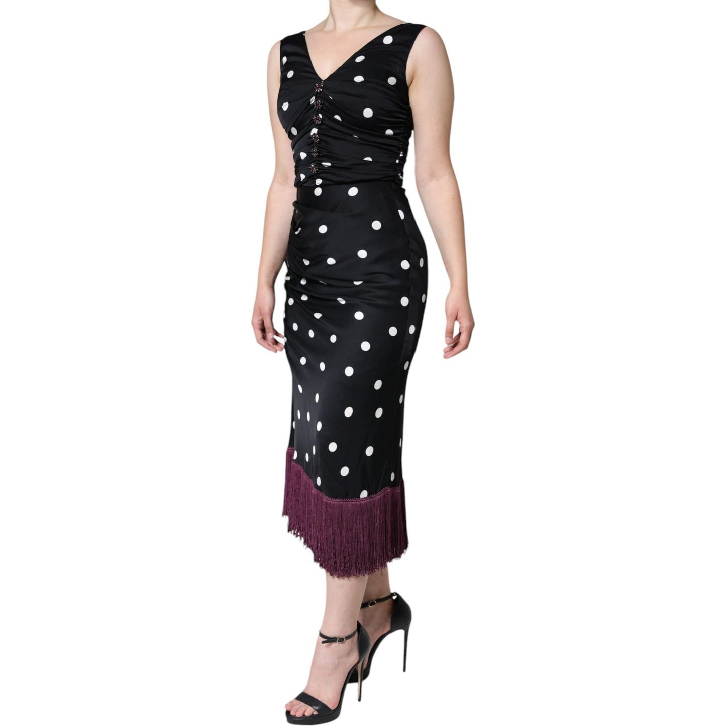 Dolce & Gabbana Black Silk Polka Dot Vneck Tassel Midi Dress DR281331-44