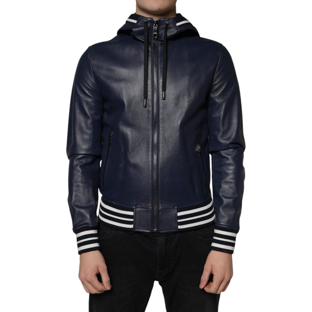 Dolce & Gabbana Blue Leather Full Zip Hooded Bomber Jacket JKT3902-46