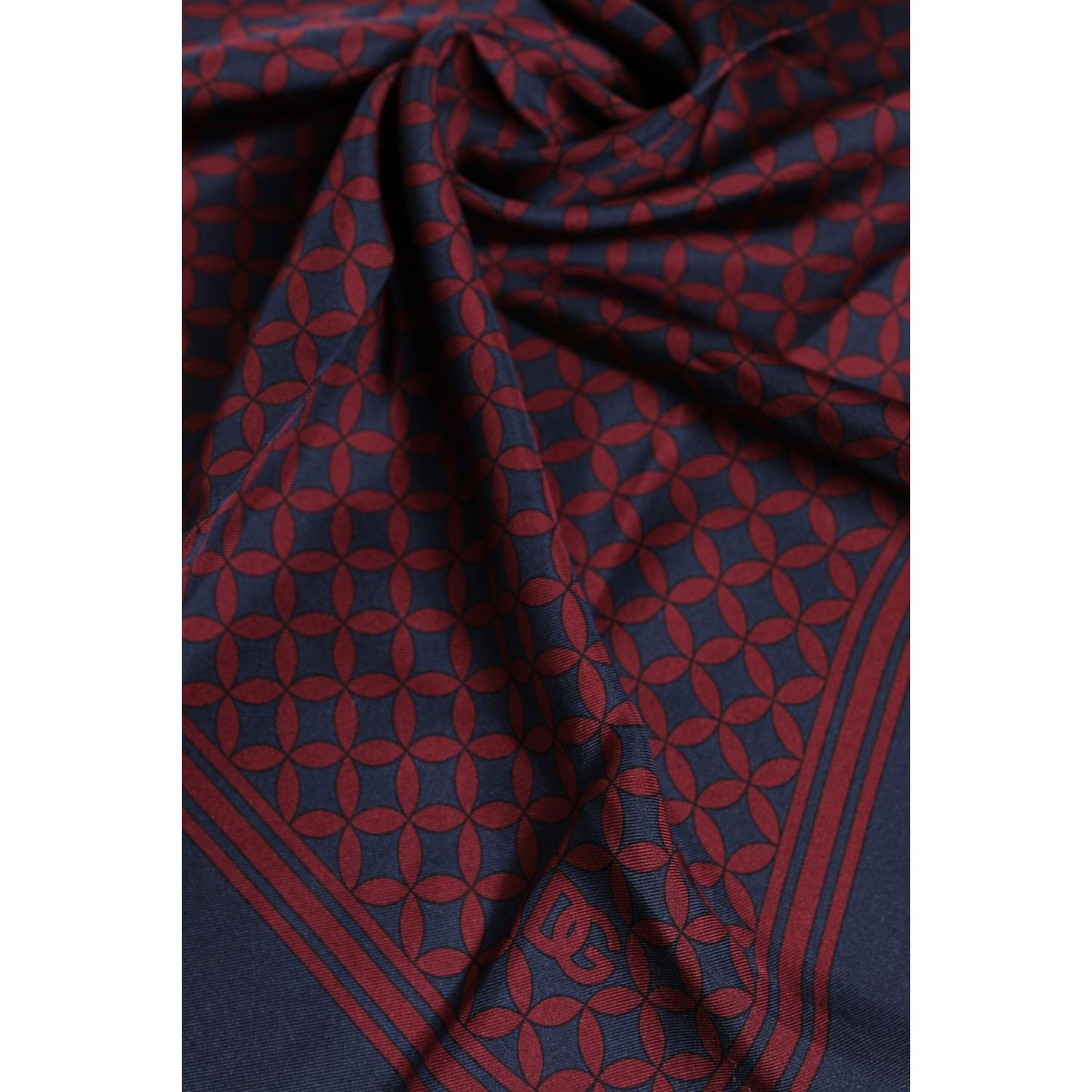 Dolce & Gabbana Red Blue Printed Silk Square Men Foulard Scarf in close-up of elegant geometric pattern.