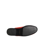 Dolce & Gabbana Red Suede DG King Men House Slippers Shoes showing black leather sole, luxurious Italian craftsmanship, and slip-on design.