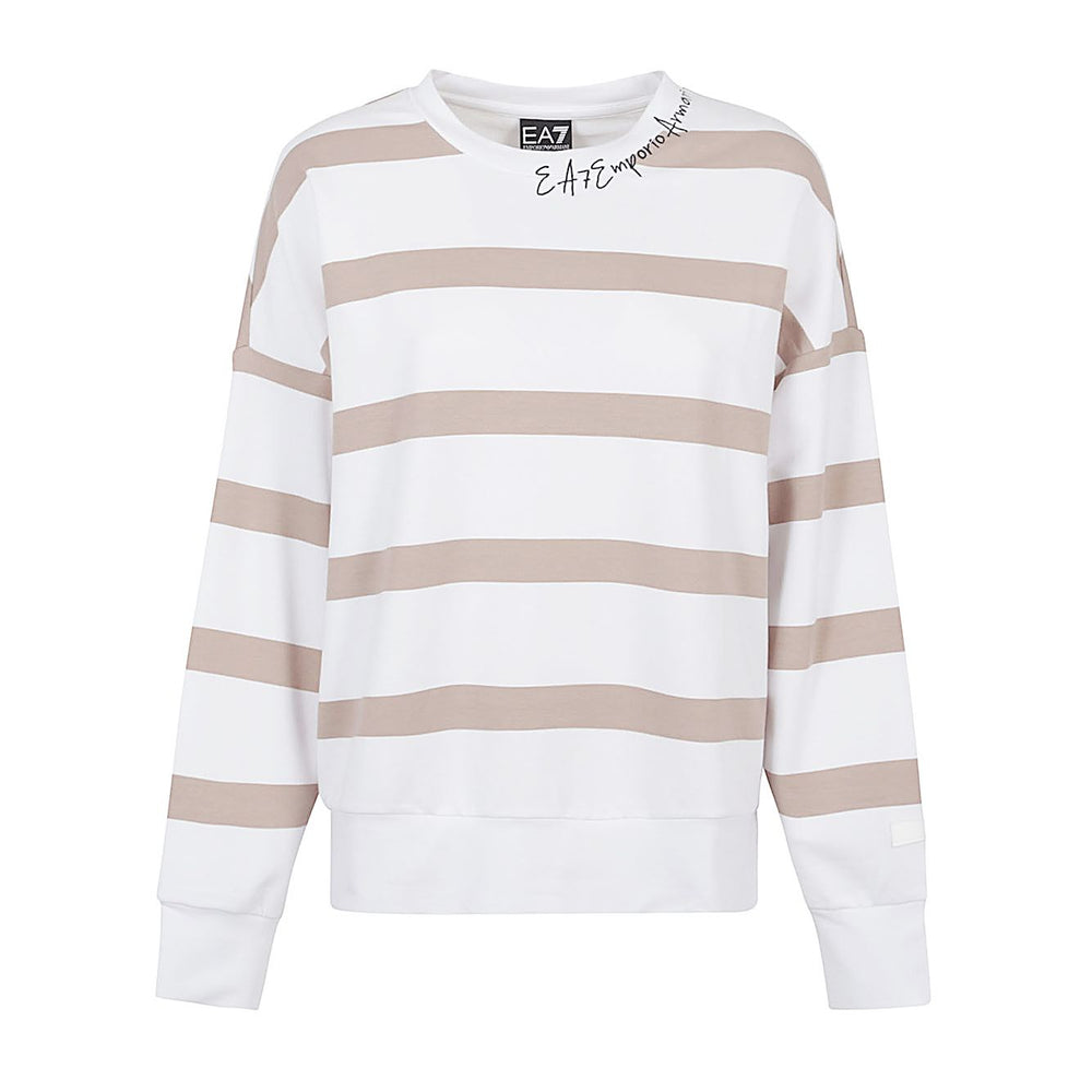 EA7 Sweaters Beige - Stretch cotton crew-neck sweatshirt with beige stripes and EA7 logo, suitable for everyday wear.