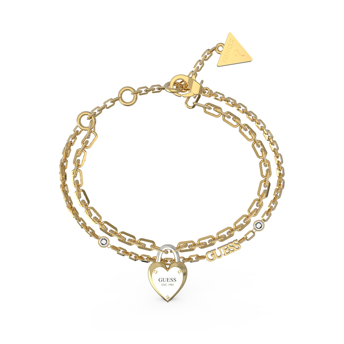 GUESS JEWELS JEWELRY Mod. JUBB04206JWYGRHS gold bracelet with heart charm and chain design.