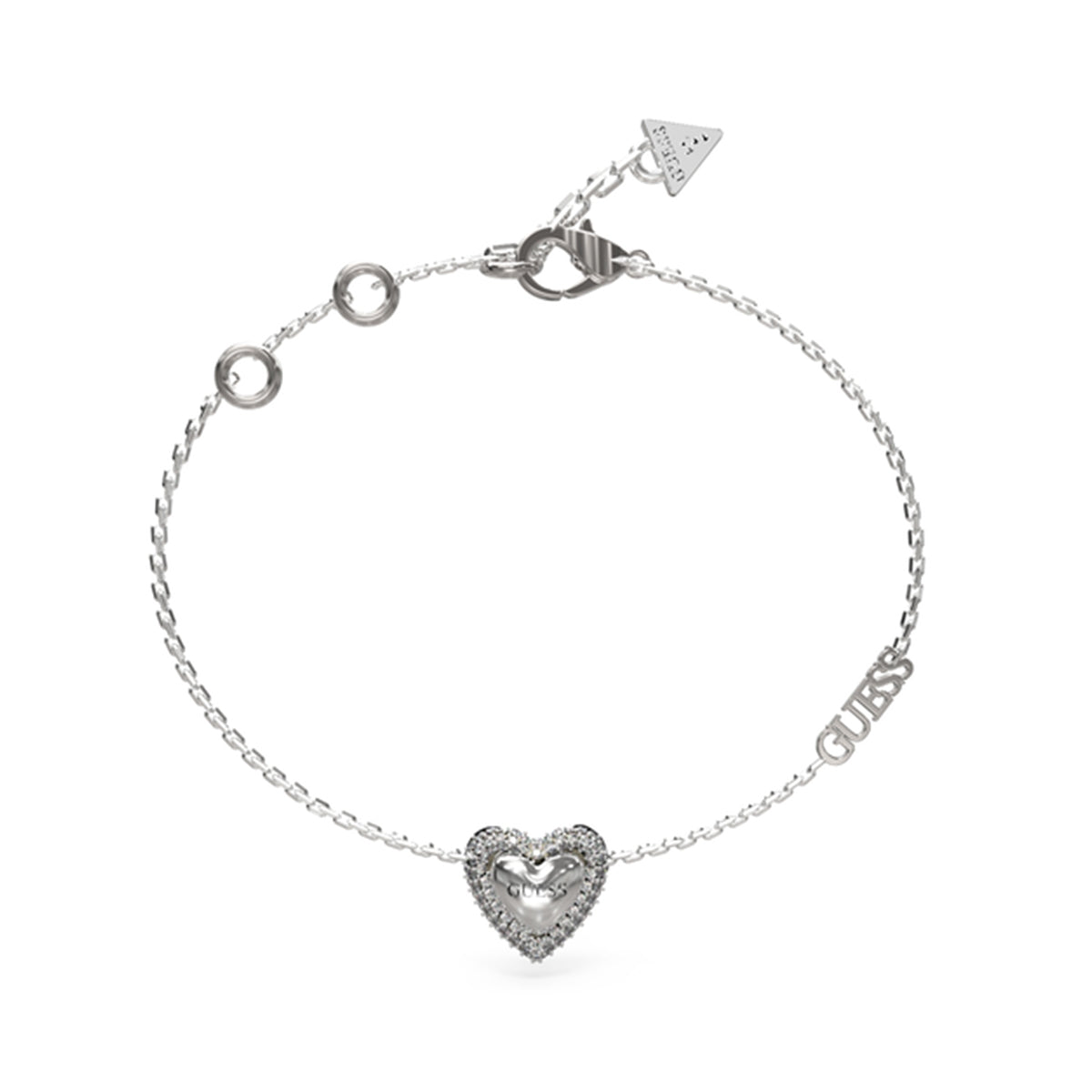 GUESS JEWELS JEWELRY Mod. JUBB05022JWRHS silver bracelet with heart charm and logo.