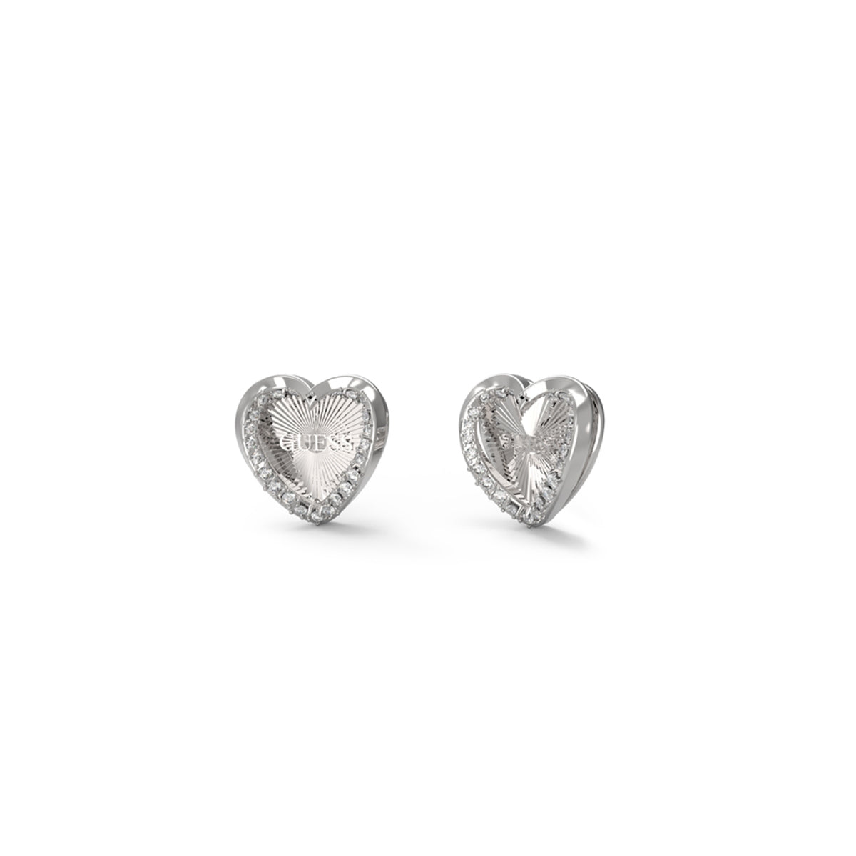 Heart-shaped silver earrings from GUESS JEWELS JEWELRY Mod. JUBE04609JWRHT-U collection, showcasing intricate detailing.