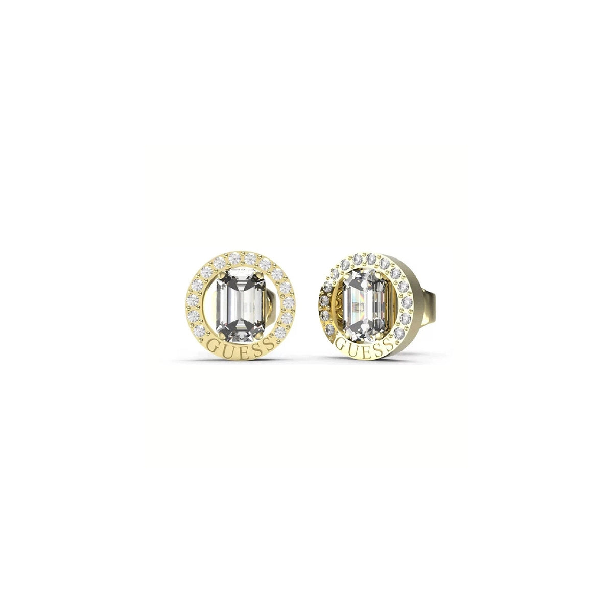 Elegant GUESS JEWELS JEWELRY Mod. JUBE04654JWYGT-U earrings with crystal center and sparkling accents, perfect for any occasion.