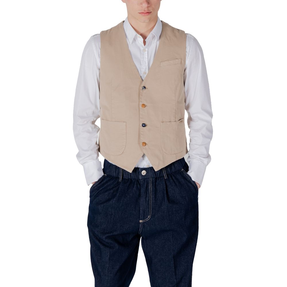 Man wearing Gianni Lupo Beige Cotton Waistcoat with white shirt and dark pants, showcasing casual style and comfort.