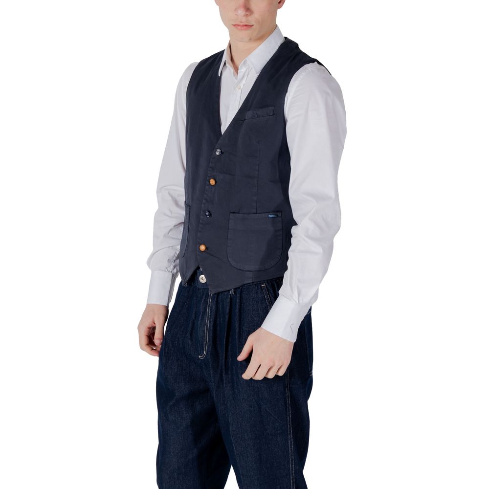 Man wearing Gianni Lupo Blue Cotton Waistcoat with white shirt and jeans, showcasing the vest's design and fit.