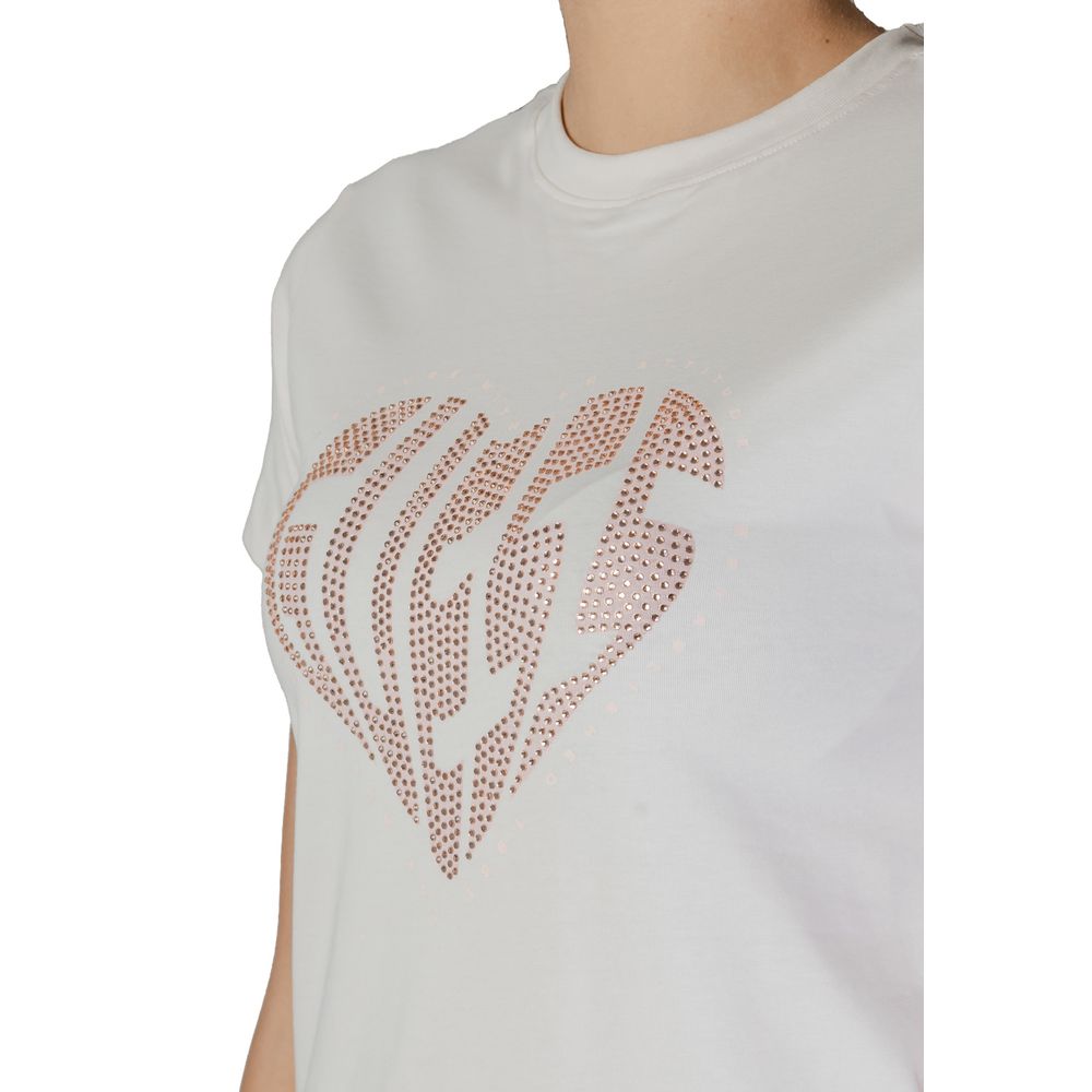 Guess Active Cream Cotton T-Shirt with rhinestone logo, short-sleeve women's top, blends comfort with style for any casual occasion.