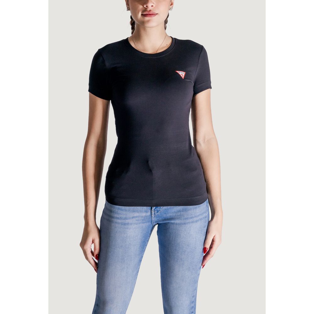 Guess Black Cotton T-Shirt with mini triangle logo embroidered on chest worn by a model