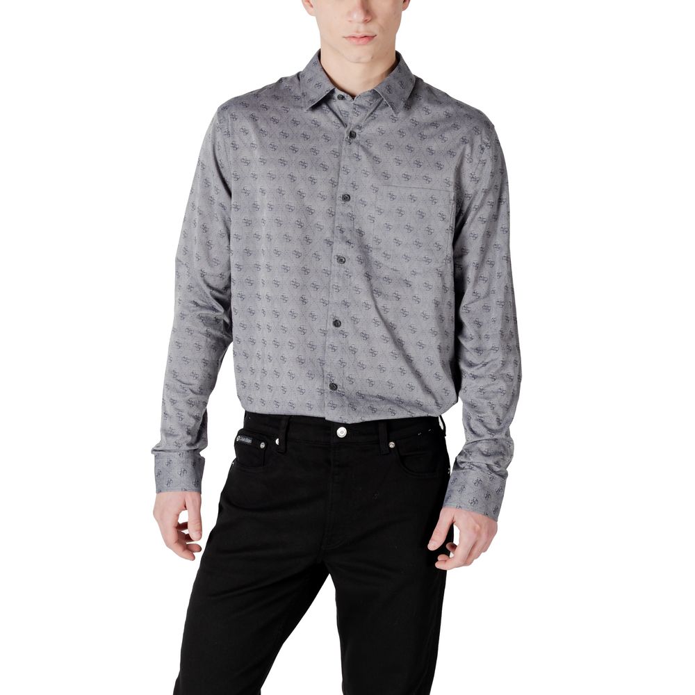 Man wearing Guess Gray Cotton Pattern Shirt with jacquard design, paired with black pants. Long-sleeve formal stylish outfit.