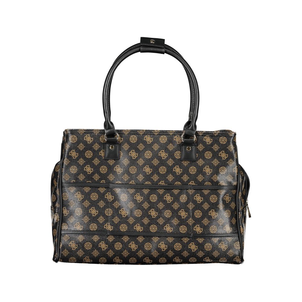 Guess Jeans Brown Polyethylene Handbag with ribbon, adjustable shoulder strap, two handles, external pockets, and logo.