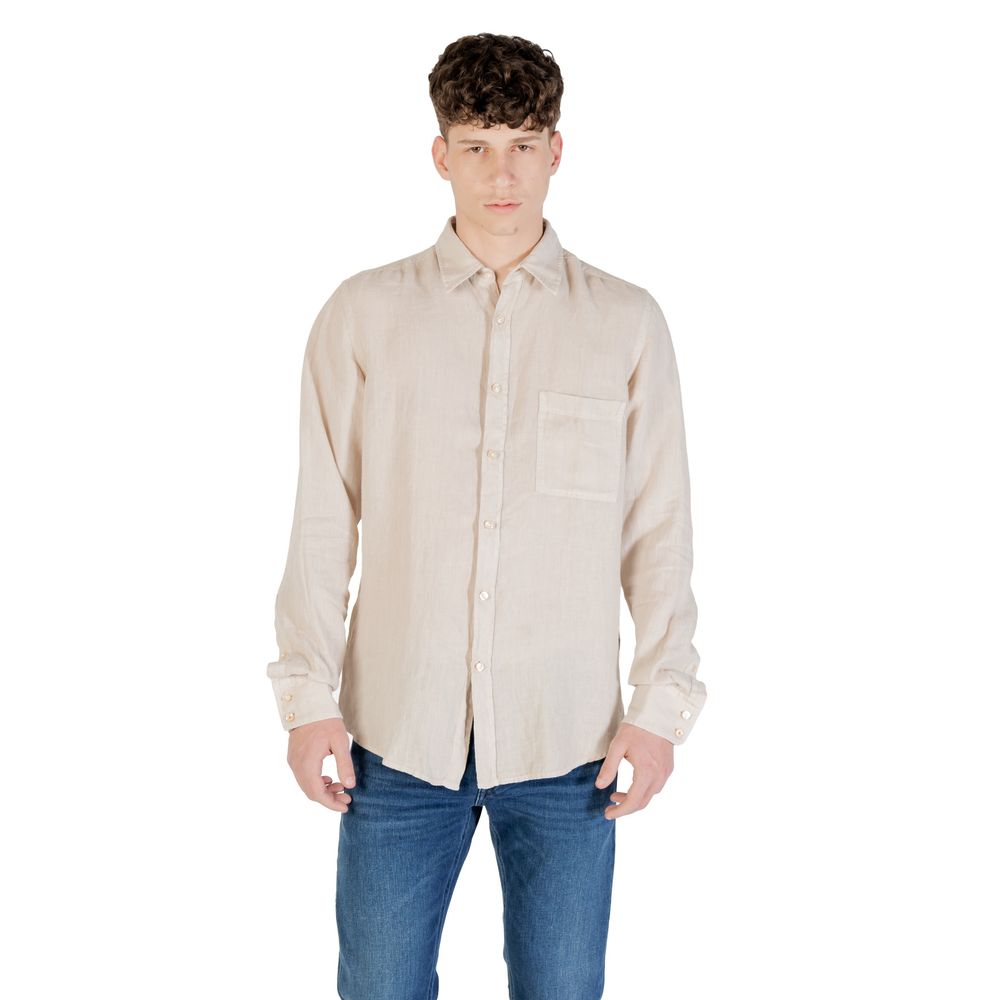 Model wearing Hugo Boss Beige Linen Shirt with long sleeves and chest pocket, perfect for casual and formal occasions.
