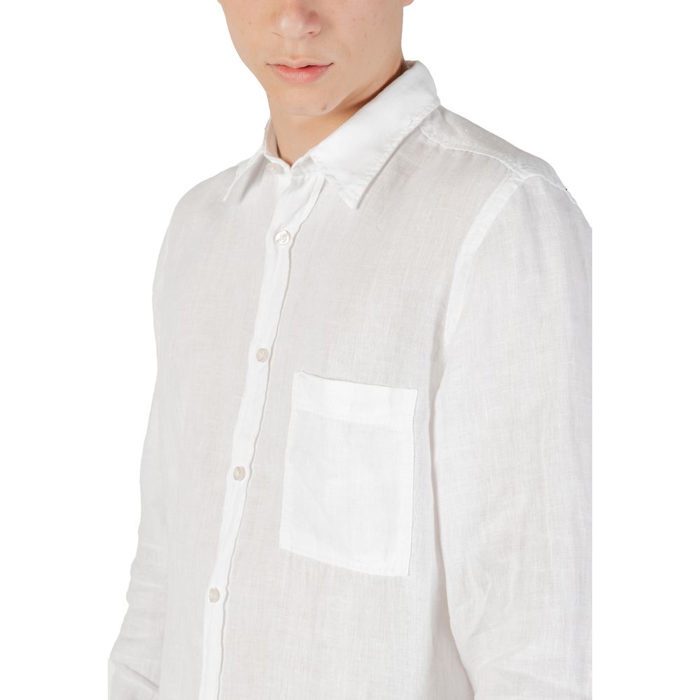 Close-up of Hugo Boss White Linen Dress Shirt with chest pocket and contrasting buttons.
