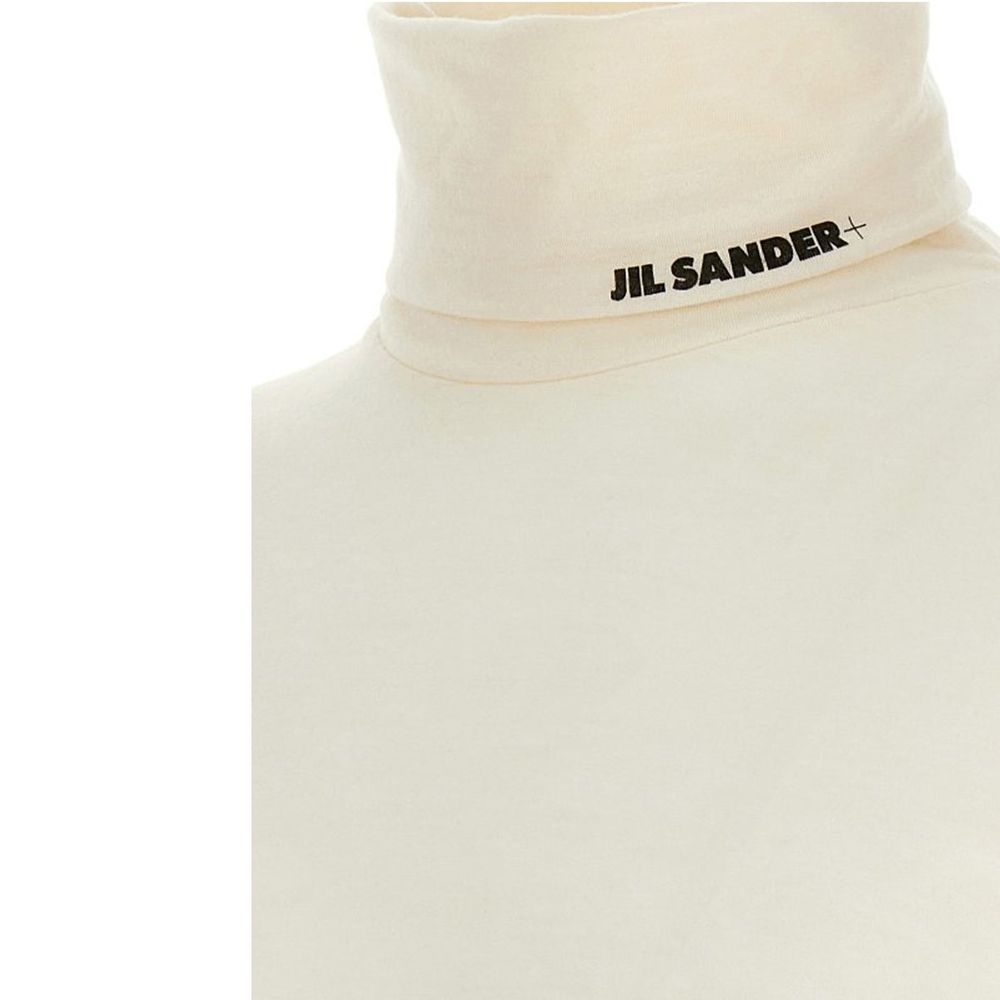 Jil Sander White Polyester Turtleneck with contrasting logo on high neck, men's L size, long sleeves, 55% polyester, 45% virgin wool.