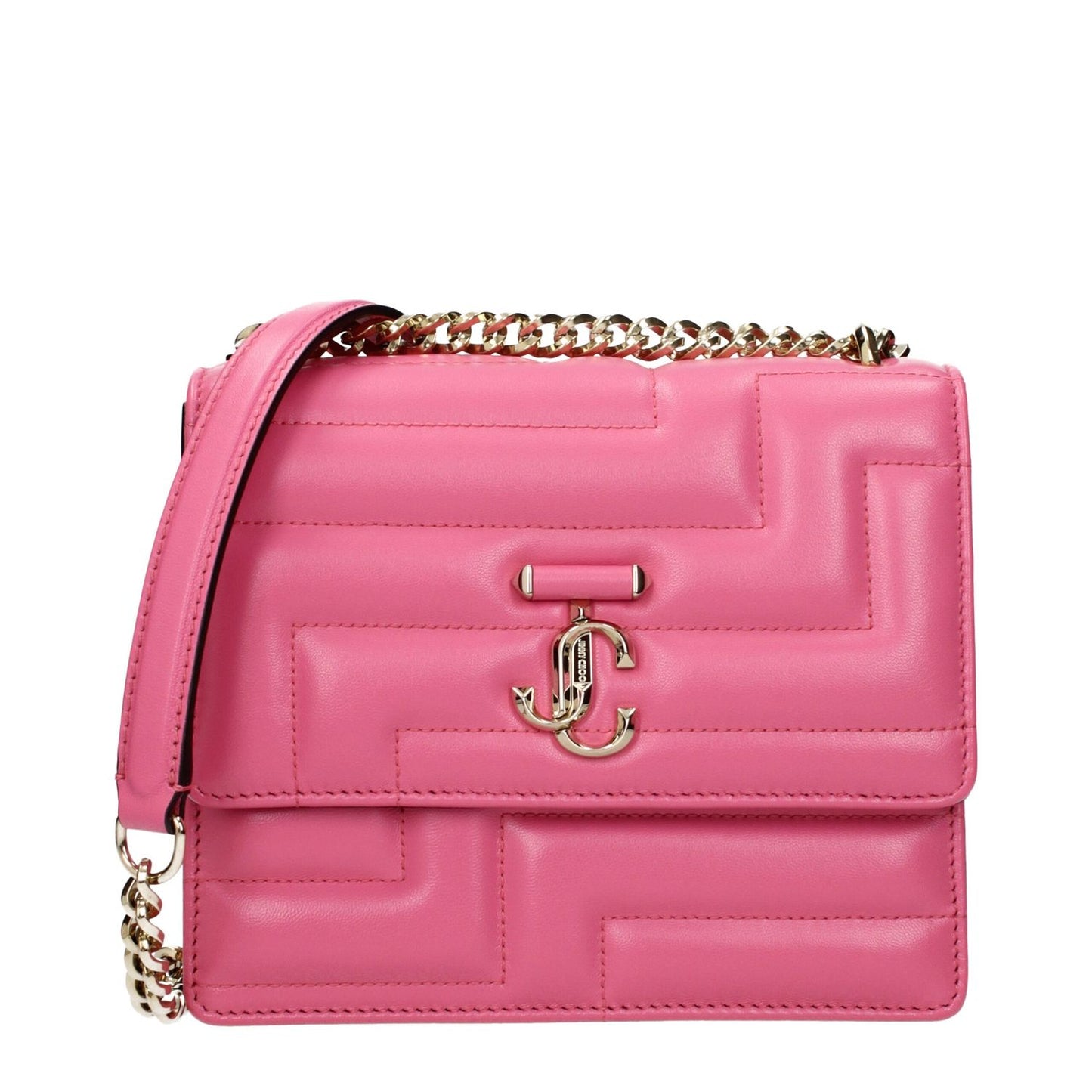 Jimmy Choo Avenue Quad quilted Pink Leather Shoulder Bag with front logo and chain strap.