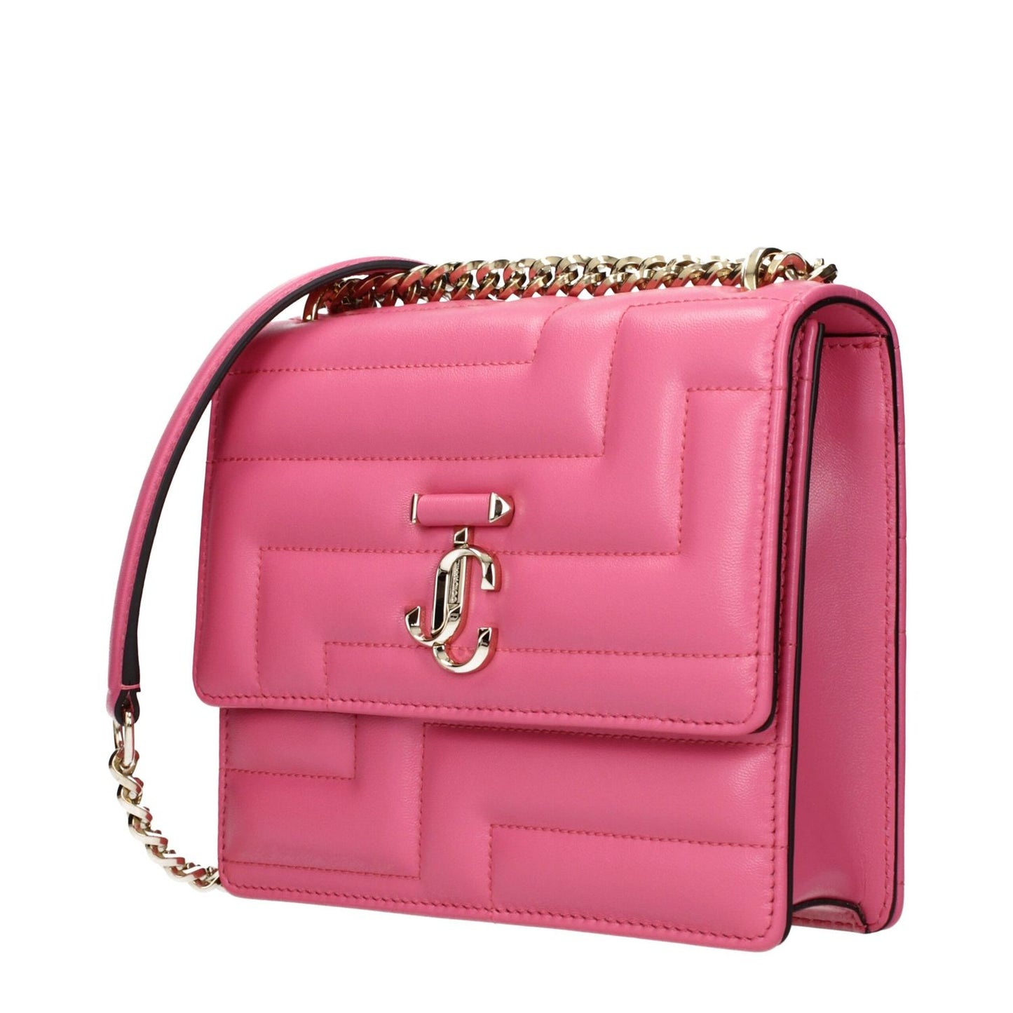Jimmy Choo Avenue Quad quilted Pink Leather Shoulder Bag with front logo and gold chain strap, product code F85111.