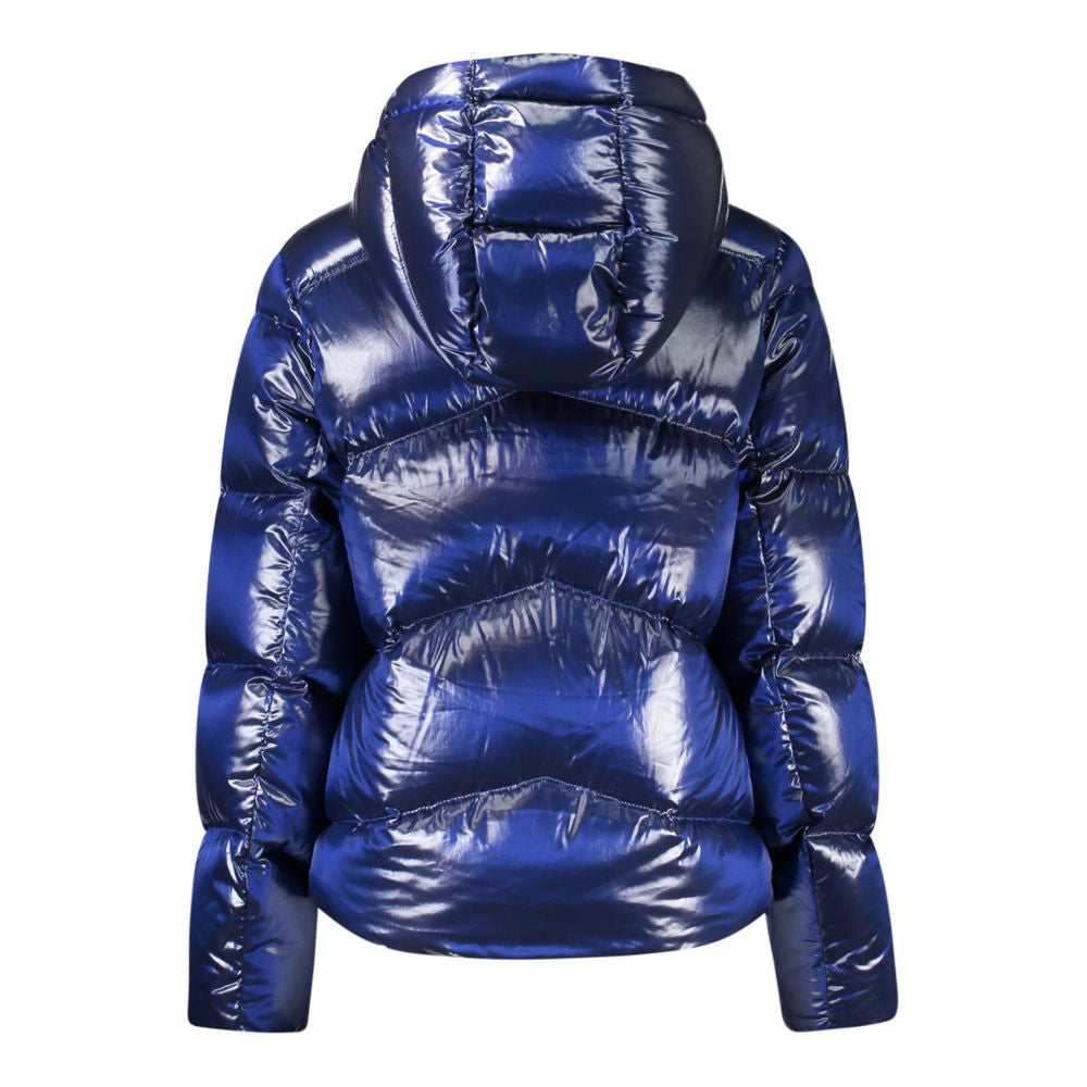 K-WAY Blue Polyamide Jackets & Coat with hood, long sleeves, zip, and multiple pockets.
