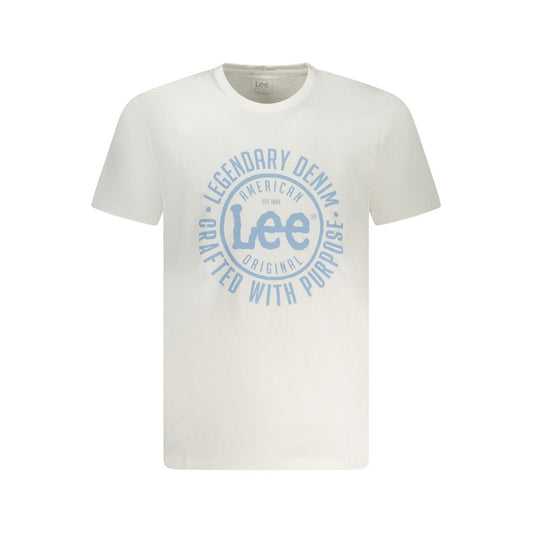 Front view of Lee White Cotton Men T-Shirt with crew neck and bold Lee logo print on white fabric