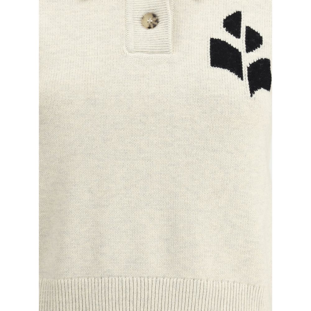 Marant Etoile White Cotton Sweatshirt with button-front, ribbed cuffs, iconic logo, and mélange pattern, made from cotton and wool blend.