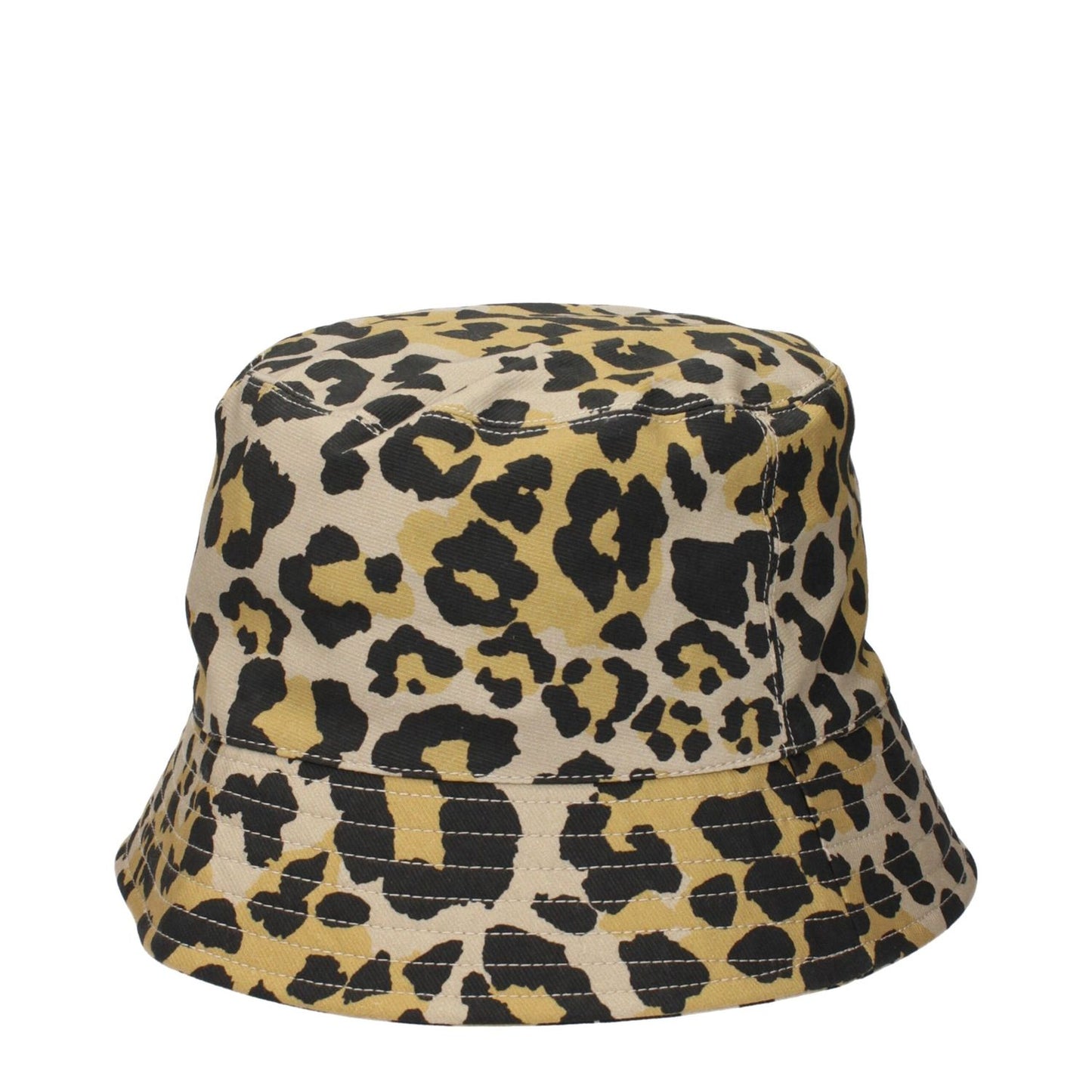 Leopard print bucket hat with beige, black, and yellow pattern, featuring a classic design and durable stitching.