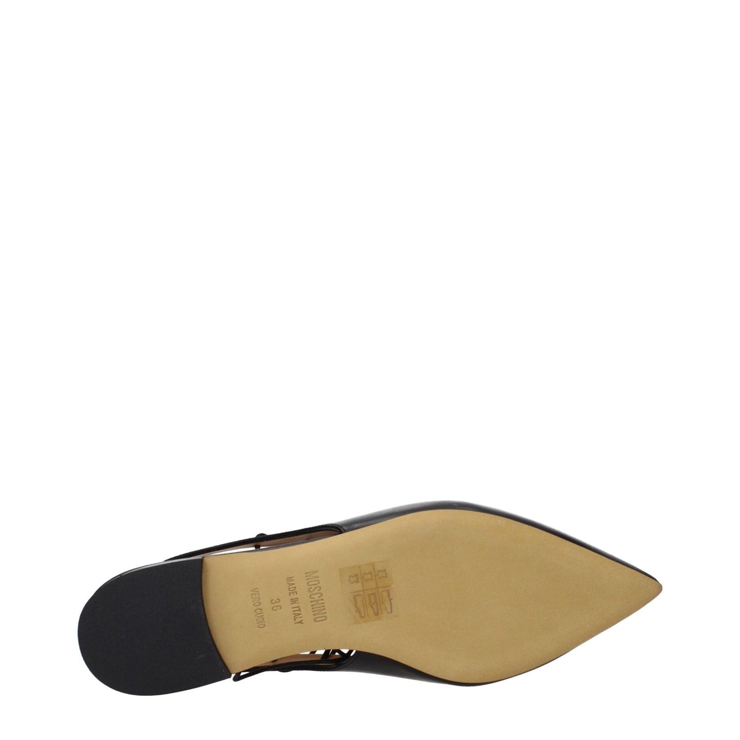 Bottom view of Moschino Black Leather Flats, showing pointed toe and sole details, style MPN MA11050C1MMF0000, code F84878.