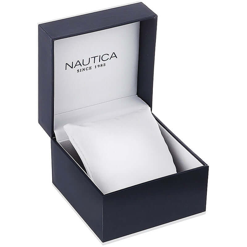 Official box for NAUTICA Mod. NAPNOF303 watch, showcasing luxury packaging.