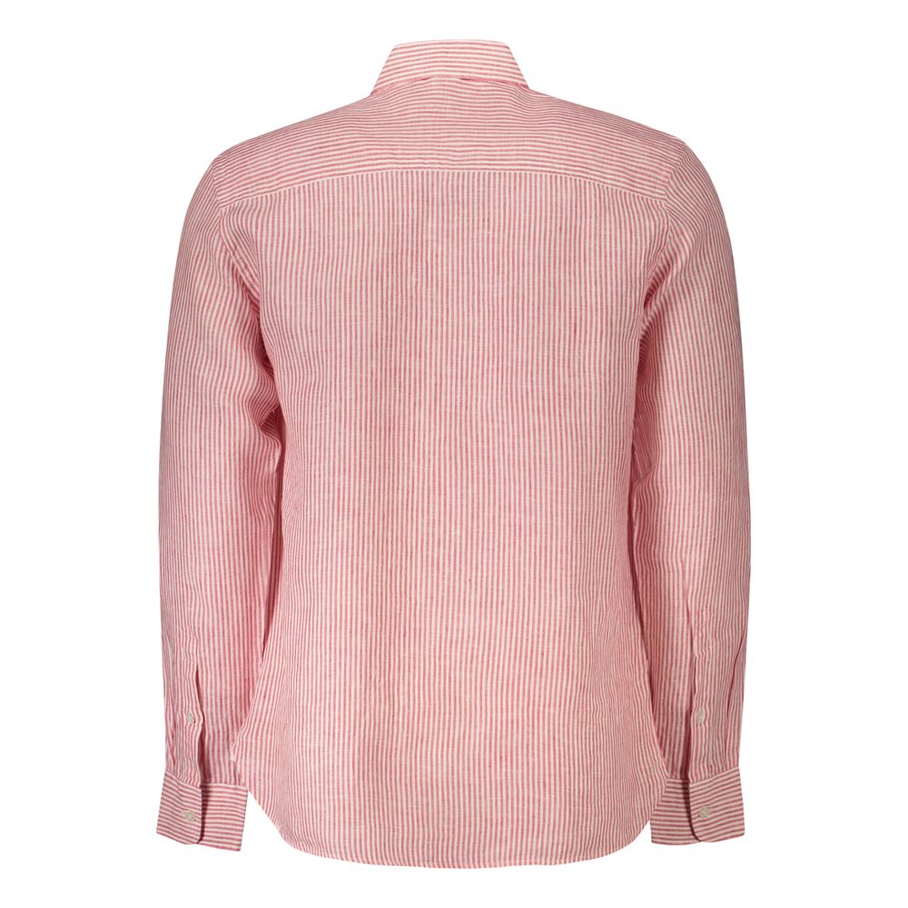 Back view of North Sails Red Linen Shirt with long sleeves, striped fabric, French collar, and 1 button cuffs.