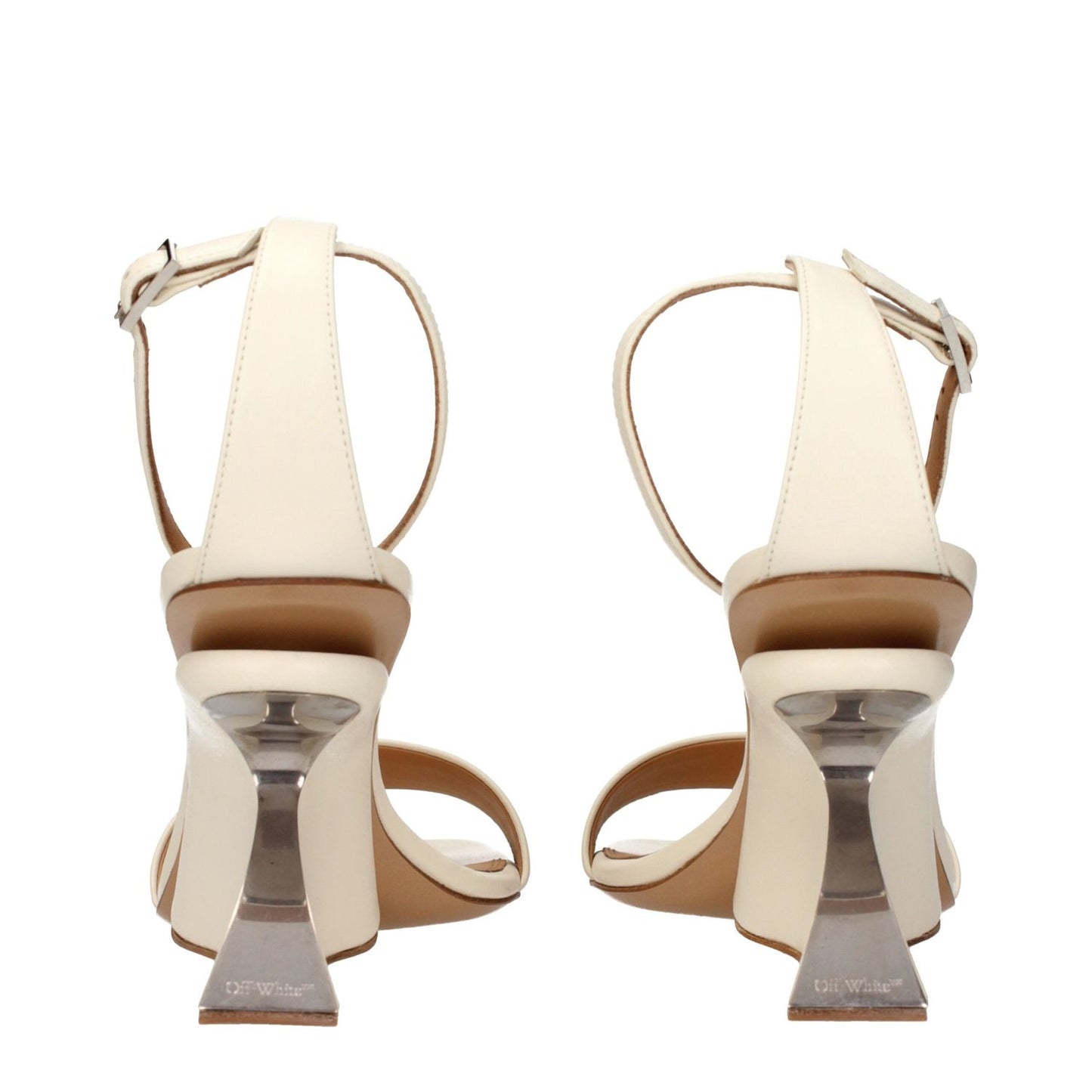 Rear view of Off-White Beige Leather Platform Sandals with back logo and vintage effect features, showing unique heel design.