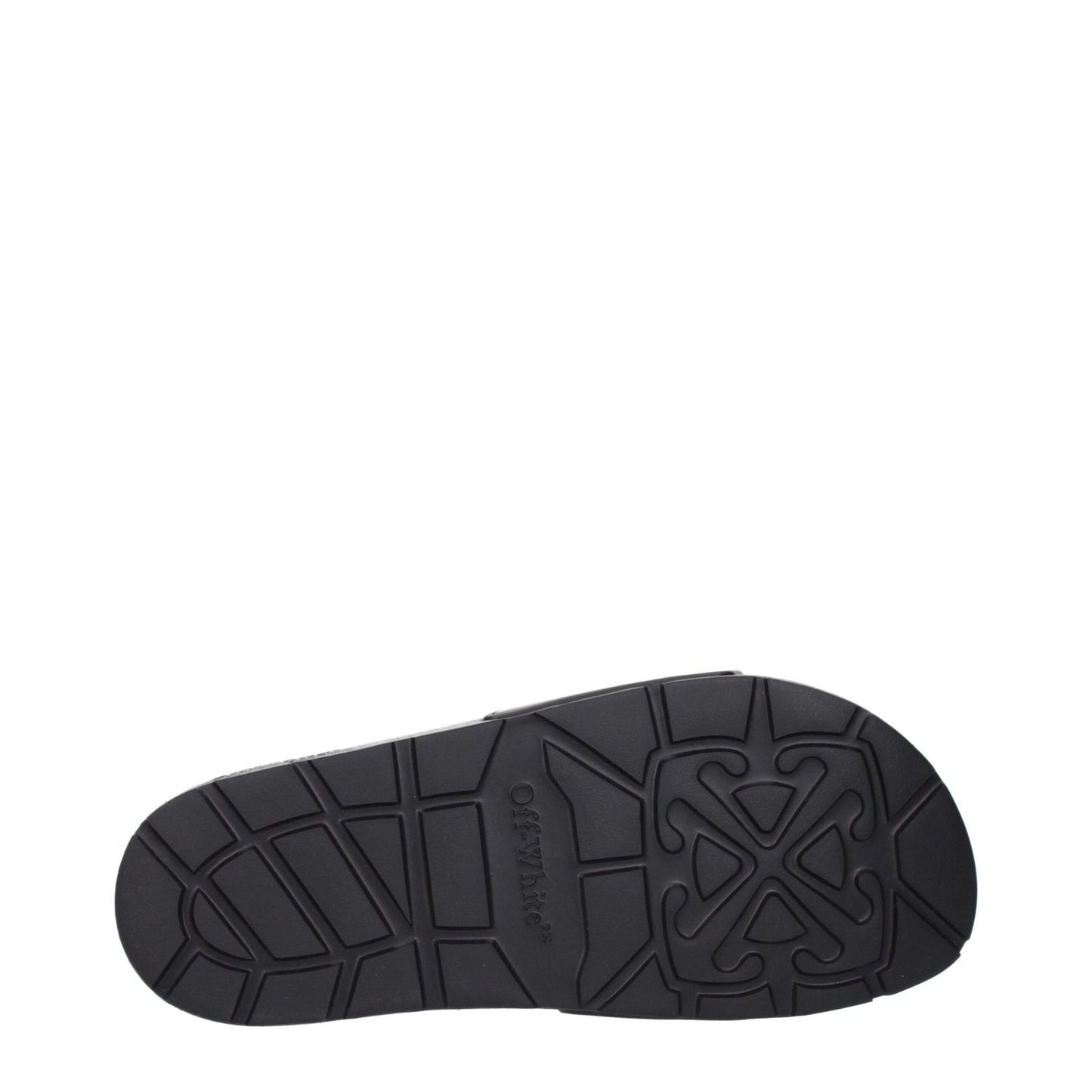 Sole of Off-White Black Cotton Slippers with logo detail, MPN OWIU001MAT0011001, black rubber design, bottom view of slippers and clogs.