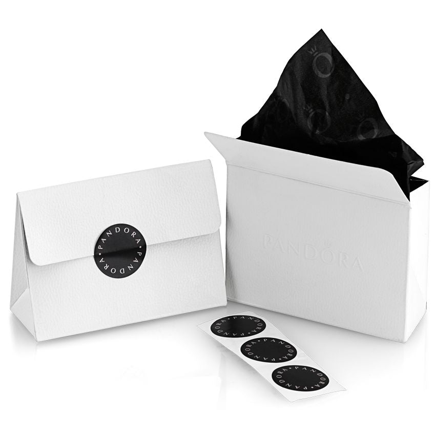 PANDORA JEWELRY Mod. 292728C00 packaging with branded white boxes and stickers for elegant presentation.