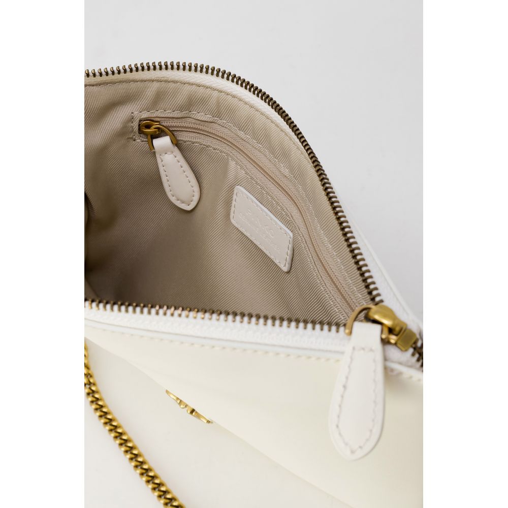 Interior view of PINKO Cream Leather Clutch Bag showing gold-tone chain strap and zippered compartments.
