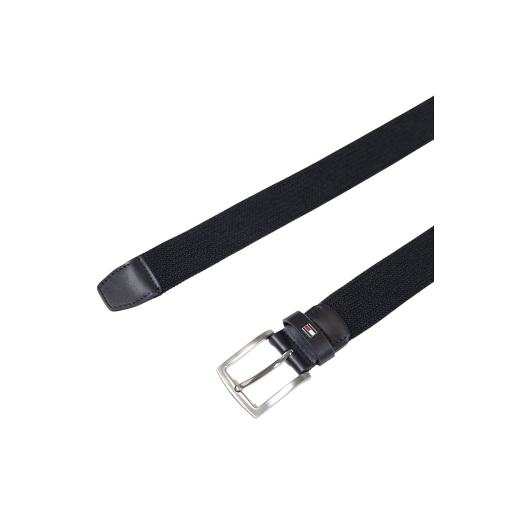 Tommy Hilfiger Black Recycled Polyester Belt with shiny metal buckle, perfect for everyday style and comfort.