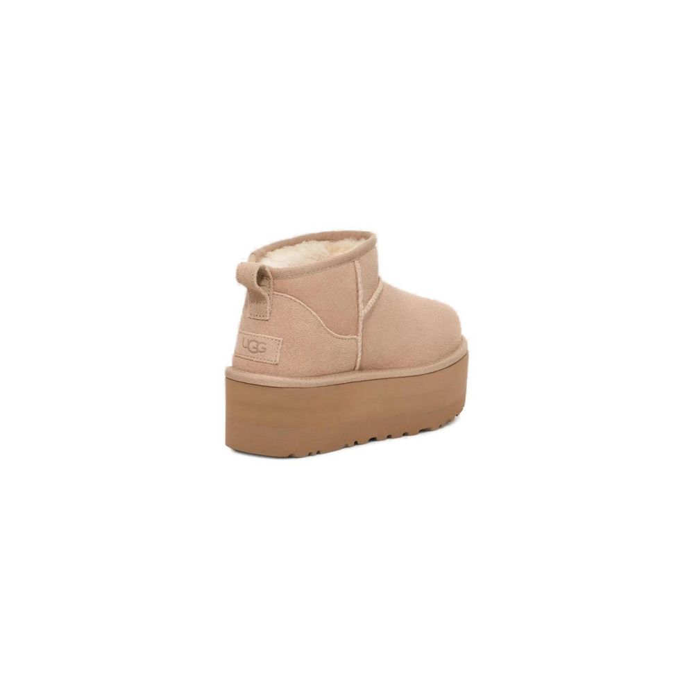 UGG Beige Suede Leather Ankle Boots with platform sole, rear view showcasing cozy suede and minimalist design.