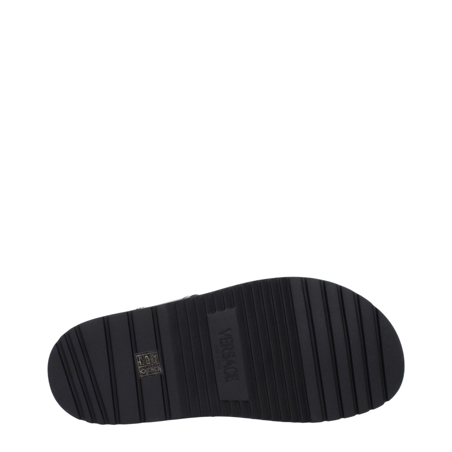 Versace Black Leather Sandals sole detail with front design, MPN 10176071A135121B00E, showcasing black leather texture.