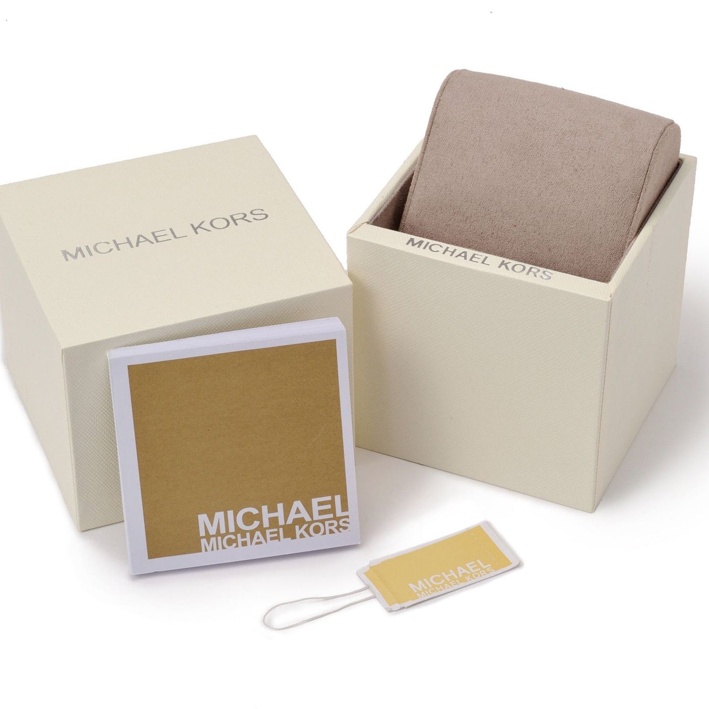 Official box packaging for MICHAEL KORS Mod. LENNOX gold wristwatch, complete with branding and tags, designed for ladies.