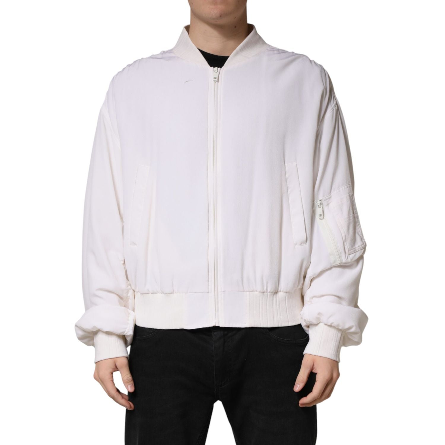 Dolce & Gabbana White Silk Full Zip Bomber Blouson Jacket