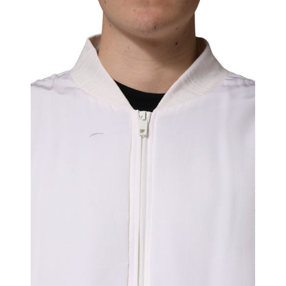 Dolce & Gabbana White Silk Full Zip Bomber Blouson Jacket