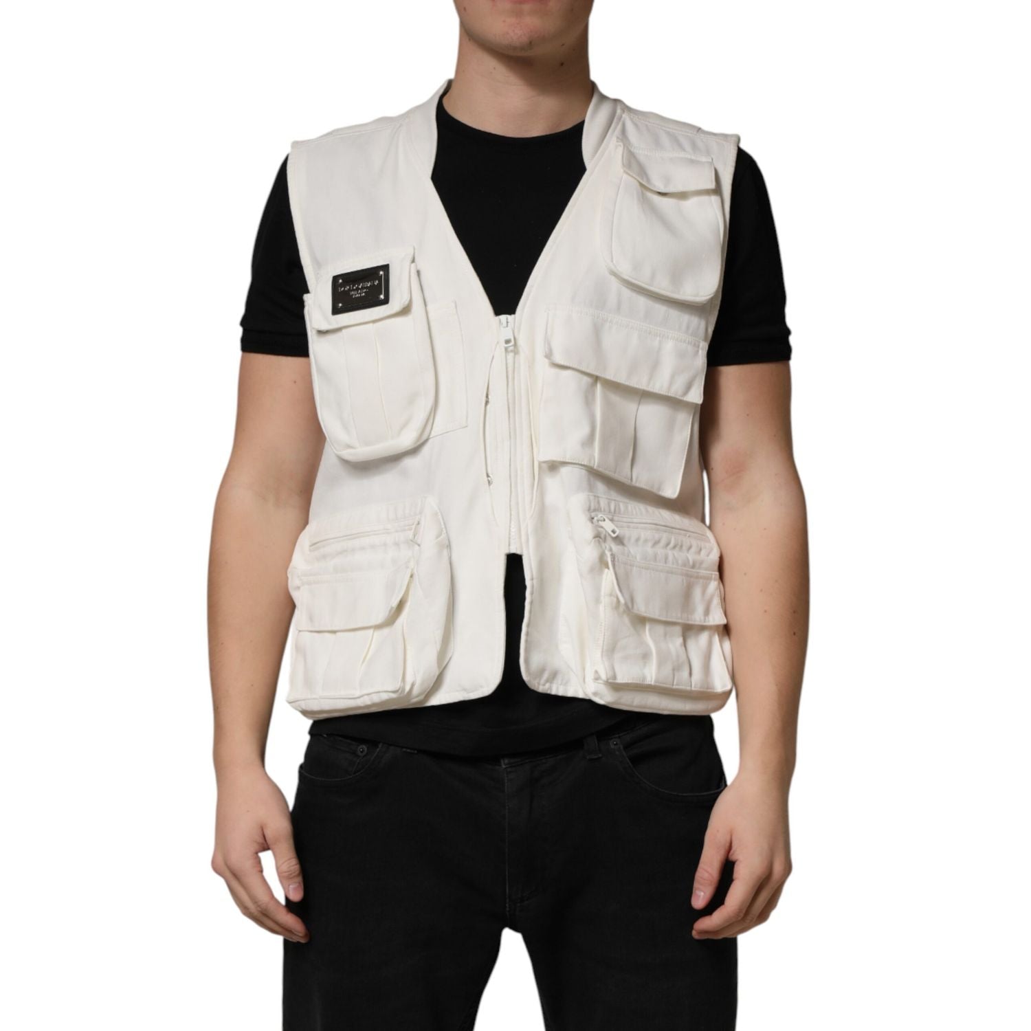 Dolce & Gabbana White Cotton Cargo Men Vest Coat Jacket