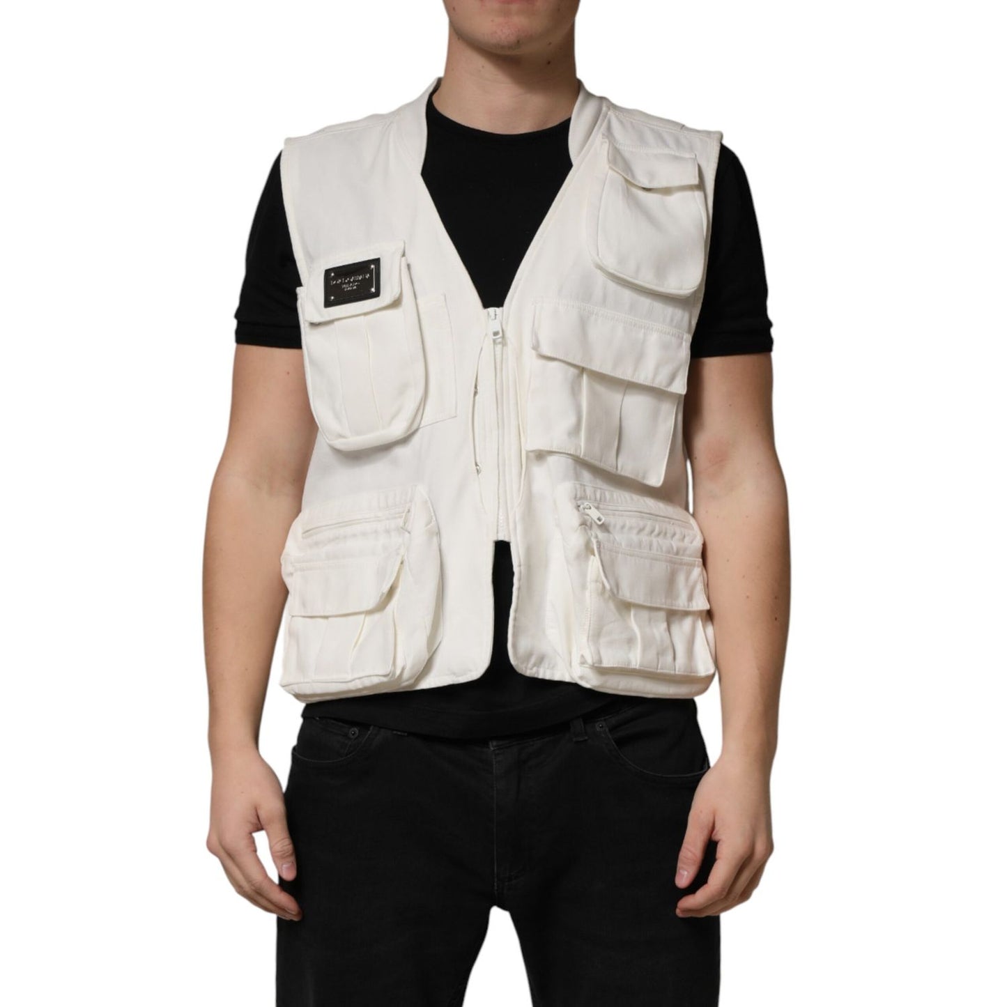 Dolce & Gabbana White Cotton Cargo Men Vest Coat Jacket