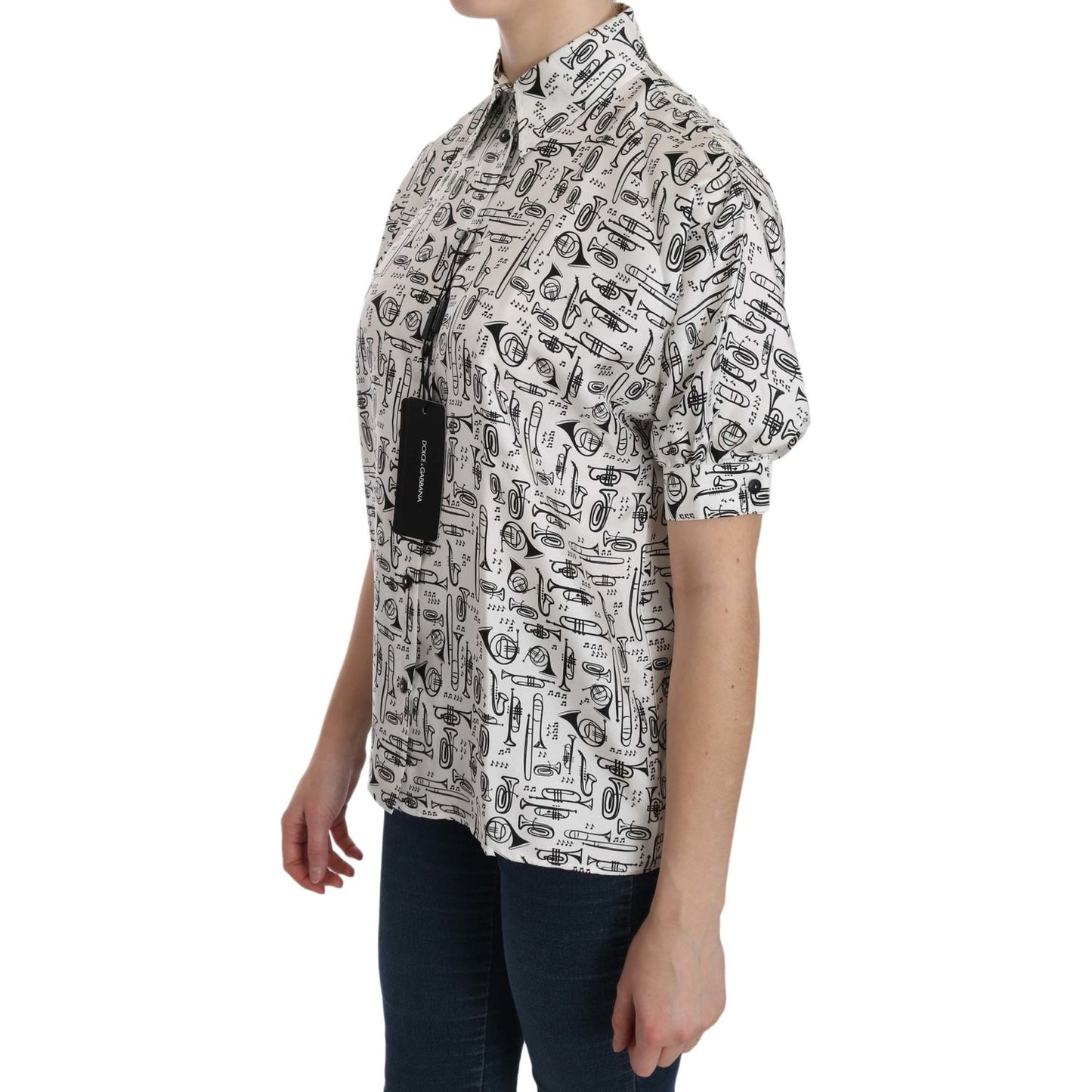 Dolce & Gabbana White Musical Instrument Collared Blouse Shirt