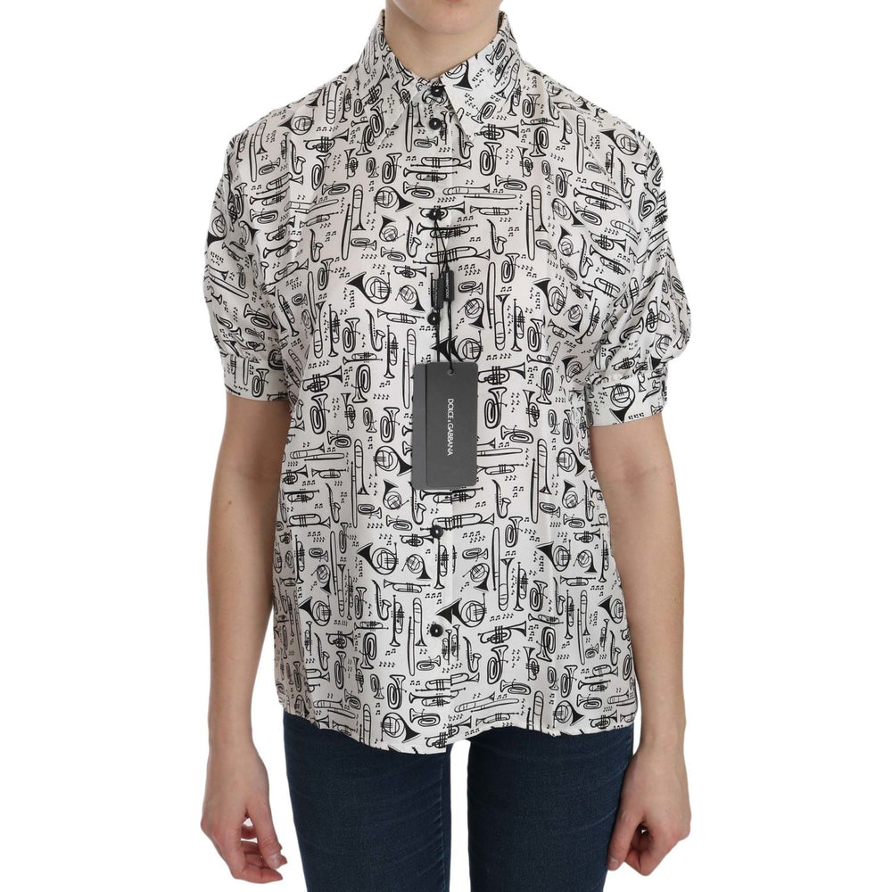 Dolce & Gabbana White Musical Instrument Collared Blouse Shirt